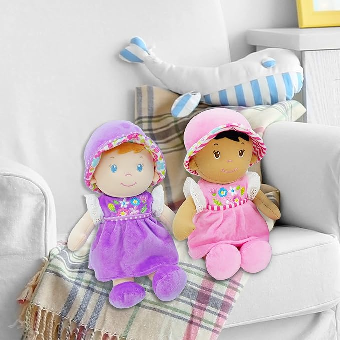 June Garden 12" Soft Dolly Malorie - Stuffed Soft Baby Doll Gift for 1 2 3 Year Old Girls - Pink Dress