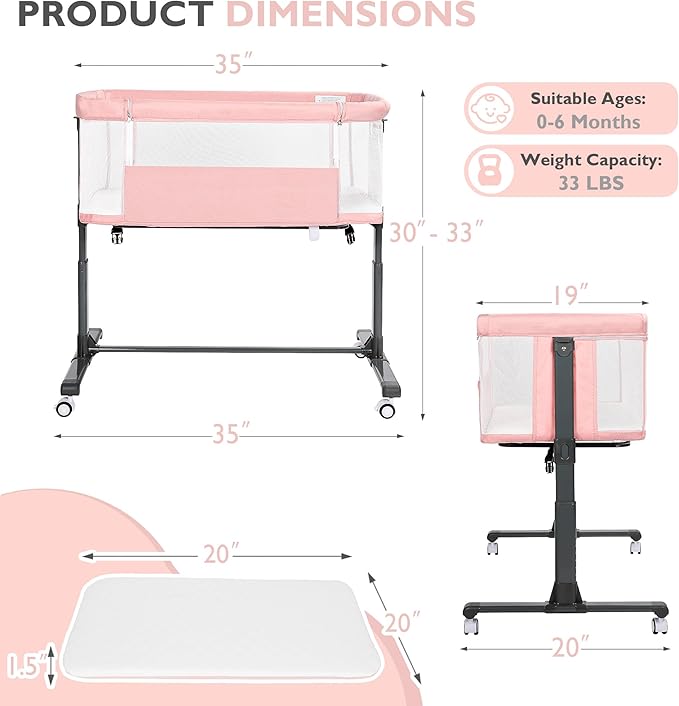 Baby Bassinet Bedside Sleeper, 2 in 1 Folding Portable Newborn Bedside Sleeper, All-Sided Mesh Infant Travel Crib for Toddlers, 6 Adjustable Height, with 4 Wheels, Grey