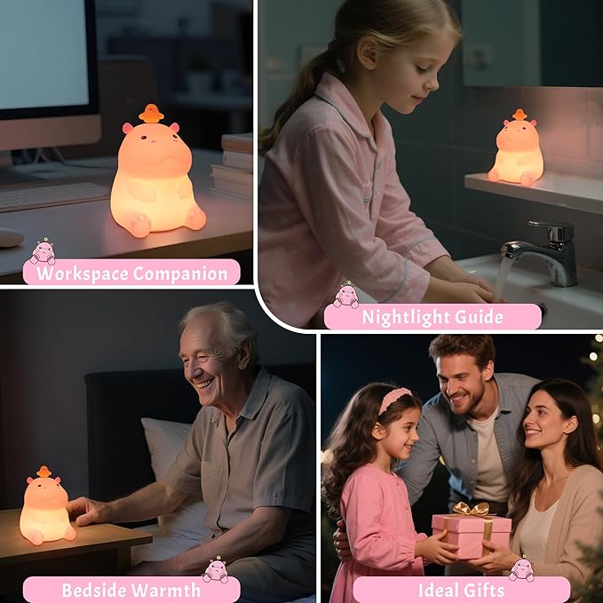 Ammonite Hippo Night Light, Cute Hippopotamus Lamp for Kids, Soft Silicone Nursery Nightlight LED Touch Light, Kids Bedroom Decor as Xmas Birthday Gifts