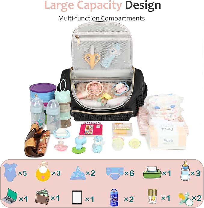 Large Capacity Diaper Bag Backpack with Stroller Buckle, Water-Resistant Travel Baby Bag with Insulated Pockets (modern, Black-lightgold)