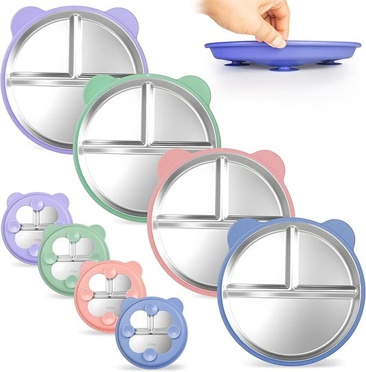 Stainless Steel Kids Plate with Suction 4 Pack, 9″ Toddler Divided Plates with Removable Non Slip Silicone Sleeves, BPA Free Baby Snack Dishes, Mint Green, Wisteria, Coral pink, Glaucous