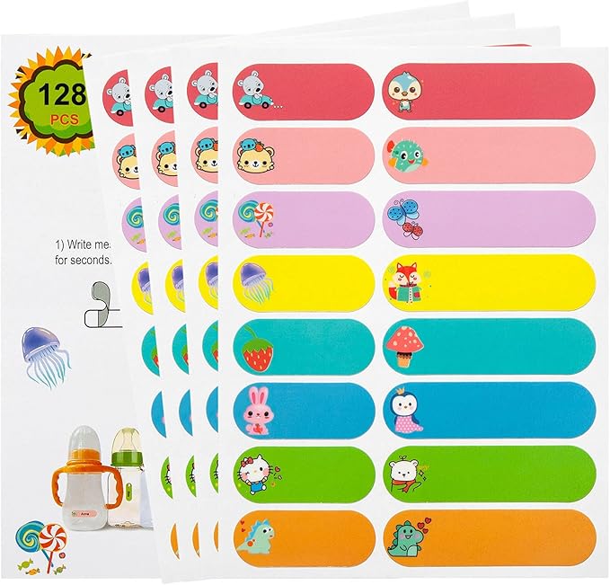 Name Labels for Kids Stuff, Waterproof Daycare Labels for Baby Bottles, 128 PCS Water Bottle Label, Name Tags Stickers for School Supplies, Daycare Essentials, Self-Laminating, Dishwasher Safe