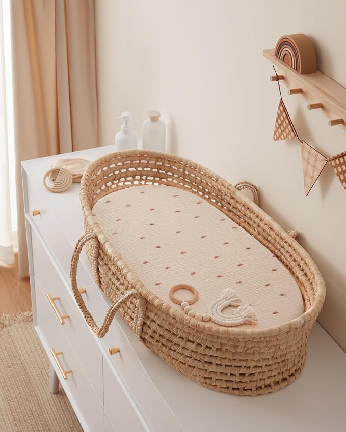 Blissful Diary Muslin Bassinet Sheets for Baby Girls Boys, Boho Soft Cotton Fitted for Oval Hourglass Rectangle Mattress, 2 Pack(Sunshine&Blush Pink)