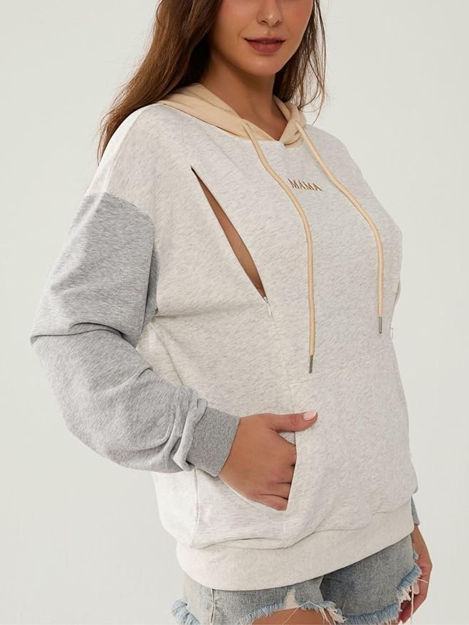 Nursing Hoodie for Breastfeeding Maternity Sweatshirt with Zippers Postpartum Nursing Top Colorblock Clothes