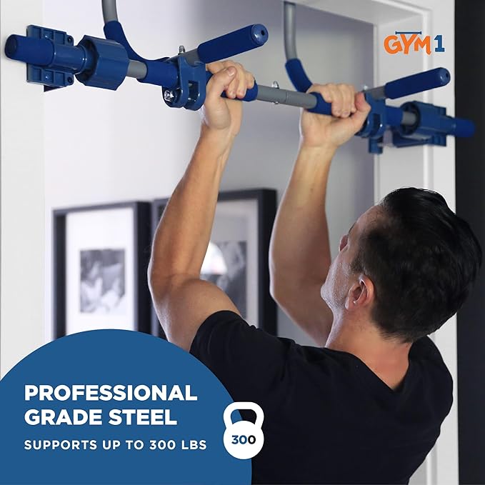 Gym1 Indoor Doorway Gym for Kids & Adults - 4-Piece, Blue - Swing Set with Sensory Swing, Pull Up Bar & Grip Rings, Agility Ladder - 300 lb Capacity