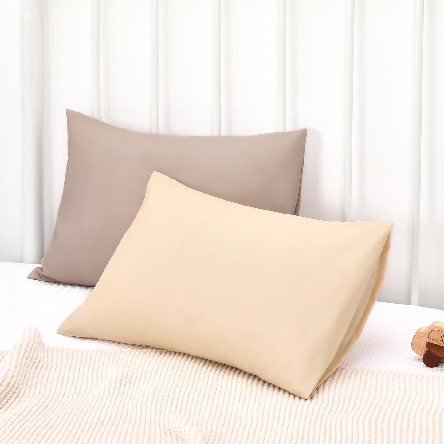 TILLYOU Toddler Pillowcase 2 Pack with Envelope Closure,13" x 18" Silky Soft Microfiber Travel Kids Pillowcase for Boys and Girls, Khaki & Brown
