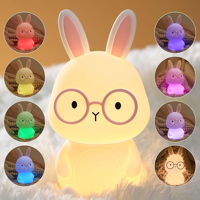 Bunny Night Light for Kids, Soft Silicone Nursery Lamp, 7-Color Glow, 3-Level Dimmable Warm Light, Tap Control, 30Min Timer, Rechargeable, BPA-Free, Easter & Birthday Gift, Baby Room Decor, White