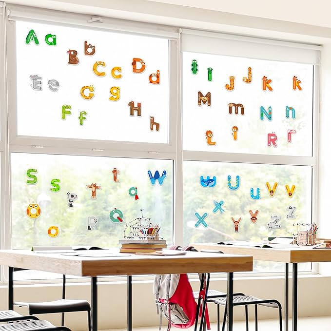 Whaline 2 Sheets Alphabet Letters Thick Gel Clings Cute Animals 26 Uppercase & Lowercase Window Gel Decals for Educational Spelling Learning Home Classroom Nursery Decor