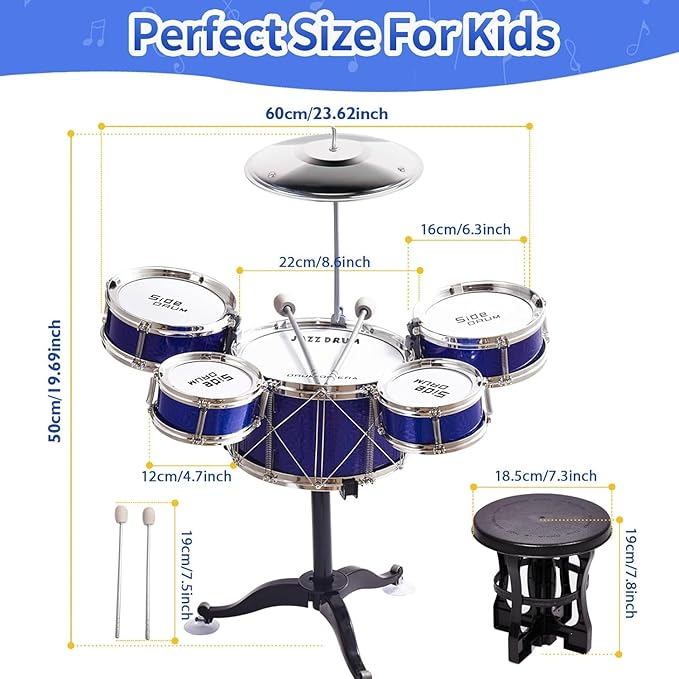 Tinylife Kids Drum Set, Jazz Drum Kit 5 Drums with Cymbals, Sticks, Throne for Toddlers Little Rockstar Toy for Baby Boys Girls Gifts (Navy)