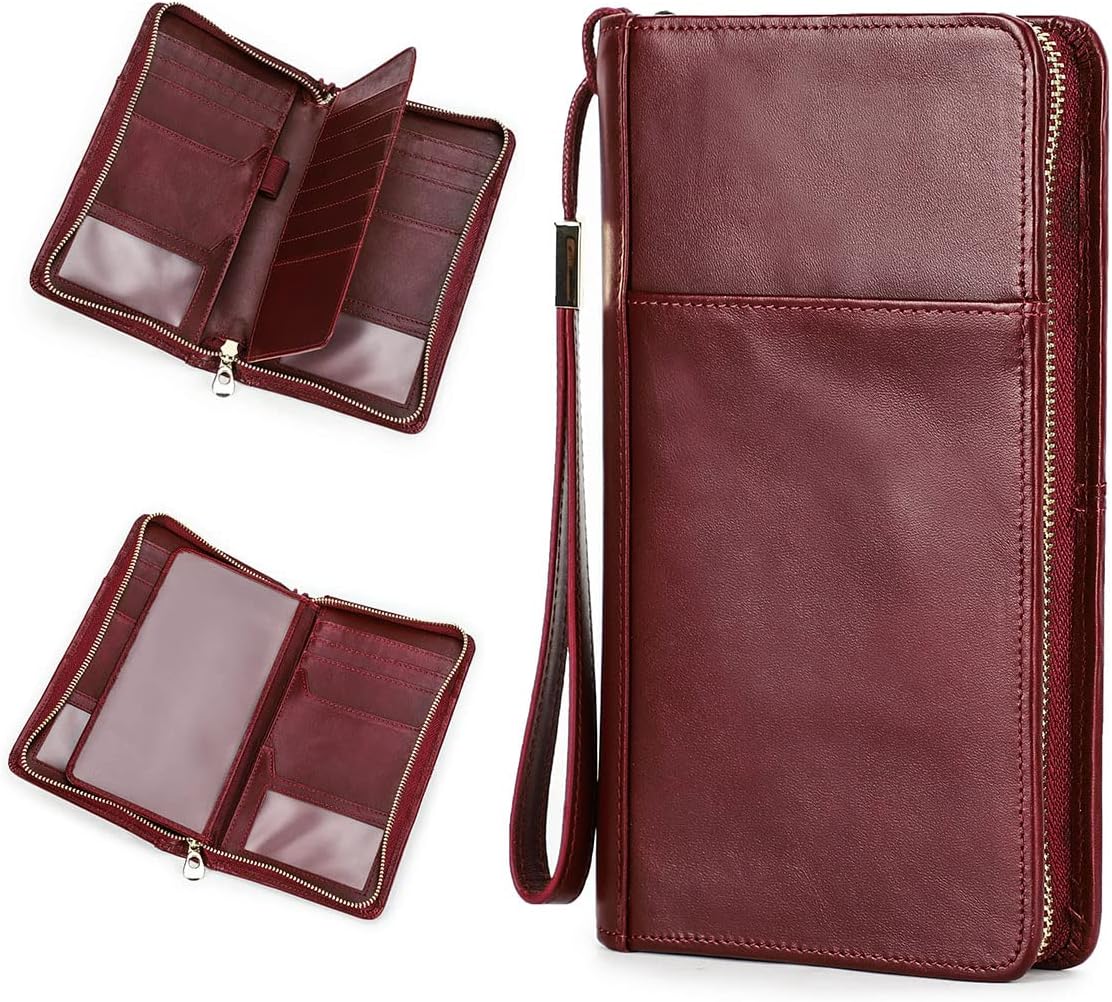 CONTACTS Travel Passport Wallet for 4 Women Leather Passport Holder RFID Blocking Card Organizer Large Capacity Wristlet Clutch Purse Red with 13 Card Slot