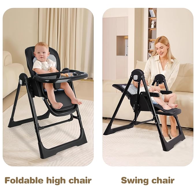 High Chairs for Babies and Toddlers Foldable High Chair Adjustable with Reclining Seat & Leg Rest, 3-in-1 Convertible Baby Swings with Tool-Free Assembly (Black)