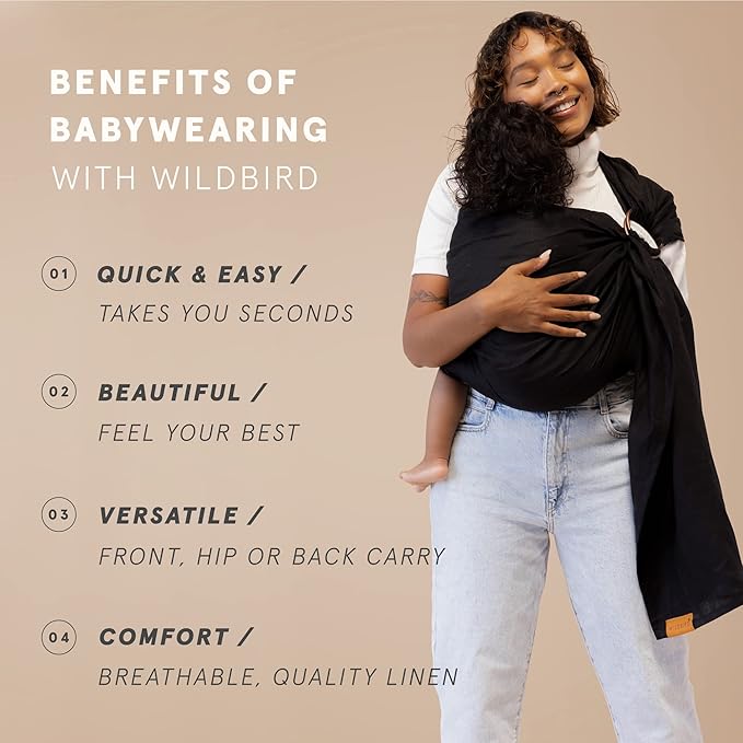 WildBird Ring Sling Baby Carrier for New Moms & Dads & Caregivers - Made from 100% Belgium Linen - for Newborns to Toddlers Up to 35 lbs - Long 90" Size (Raven Fabric/Bronze Ring)