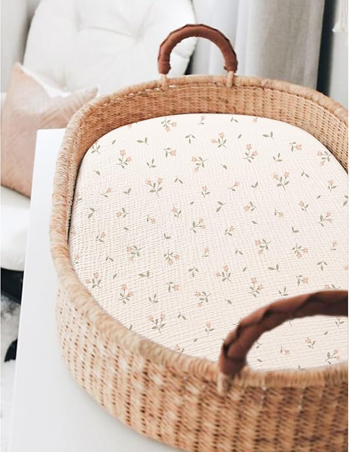 Muslin Bassinet Sheets for Babies – Soft & Breathable 100% Cotton Fitted Sheets for Oval, Rectangle, Hourglass Bassinet Mattress Pads, 2-Pack (Ivory & Pink)