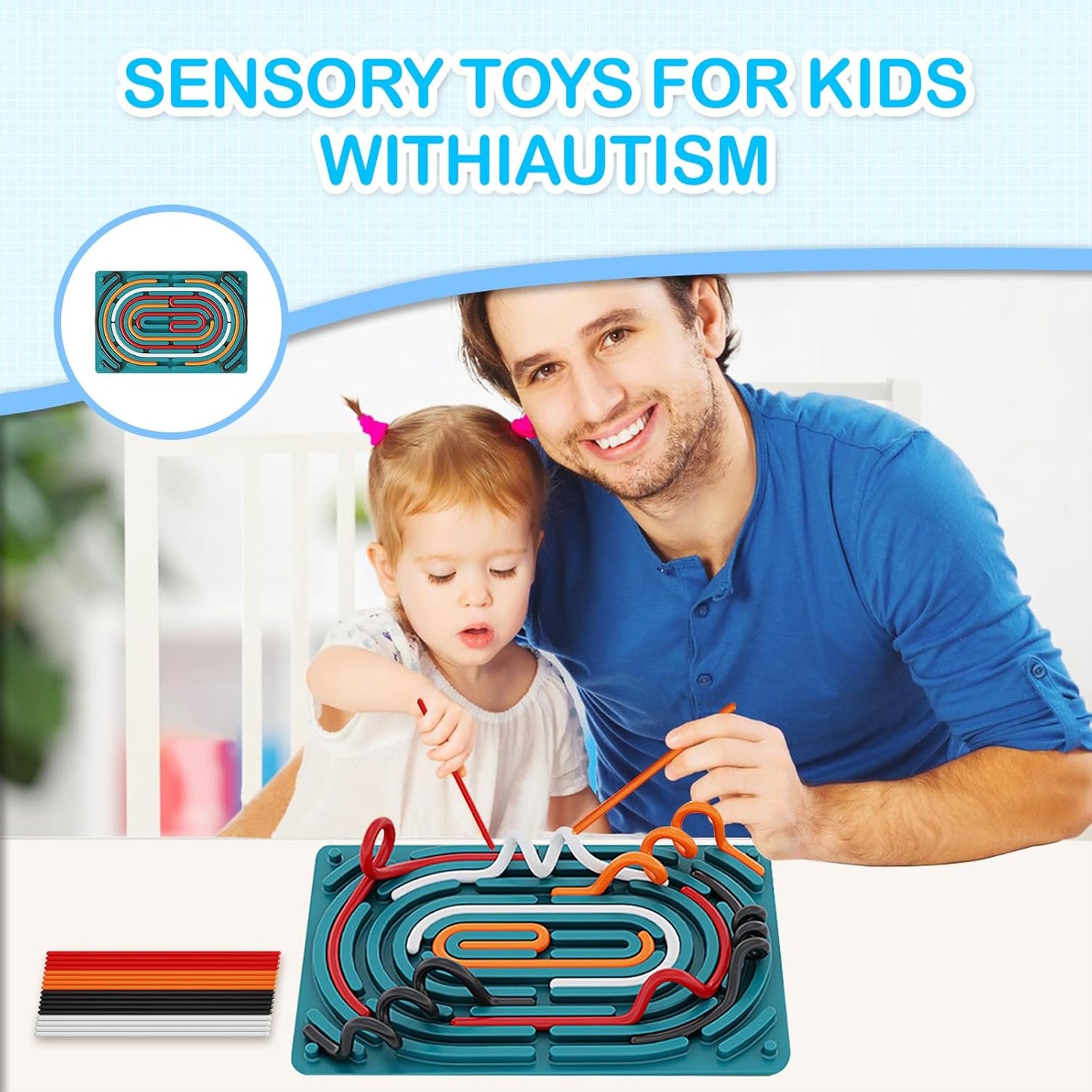 Sensory Activity Board,Sensory Toys for Kids with Autism ADHD,Kids 3+ & Adults Activities for Travel,Silicone Fidget Toy for Calming, Anxiety with Portable Travel Bag & 12 Strings(Blue)