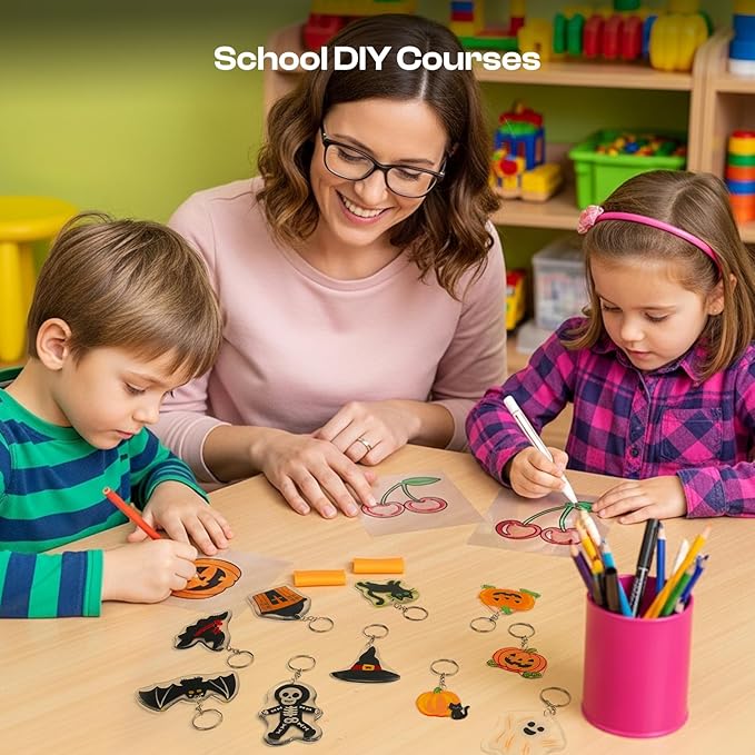 Auihiay 125PCS Shrink Dink Sheets Keychains Kit, 12PCS Shrinky Papers with Keychains and Open Jump Rings for DIY Shrinky Art Keychain Making, Halloween & Christmas Craft Decor