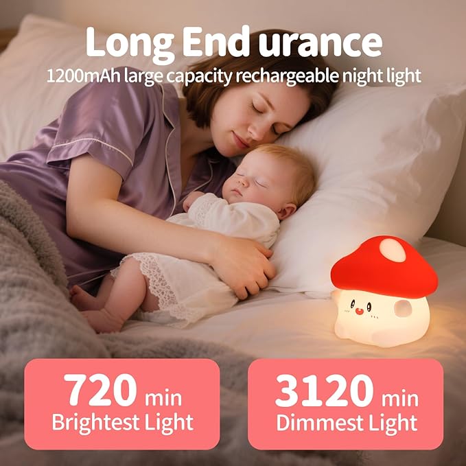 Mushroom Night Light Silicone - Color Changing Lamp, USB Rechargeable, Long Battery Life, Soft Squishy, Dimmable Brightness - Bedroom Decor, Cute Mushroom Gifts for Kids & Adults