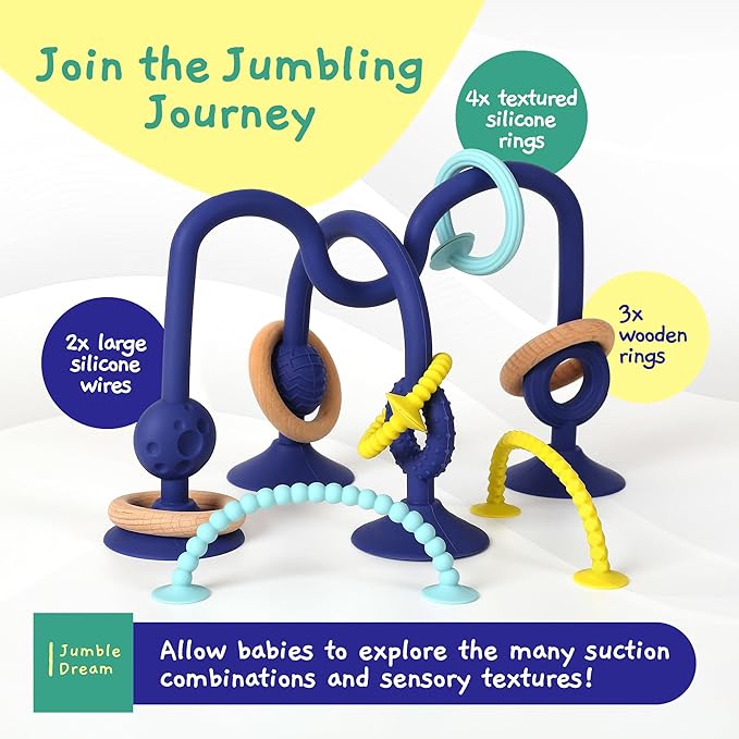 Jumble Jangle Baby Teething Toys – BPA-Free, Multi Purpose High Chair Toys for Babies: Suction Teething Relief with Sensory Toy Textures for Infants and Toddlers 0–24+ Months (Dark)