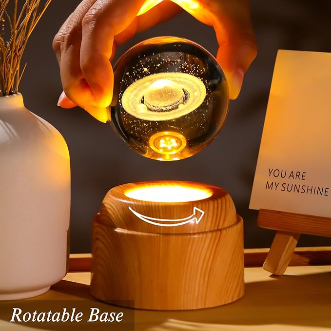 3D Saturn Crystal Ball 2.36“ Engraved with Rotated Wood Bases, Crystal Sphere Saturn Lamp Astronomy Gifts Physics Science Decor Space Gifts for Women Men