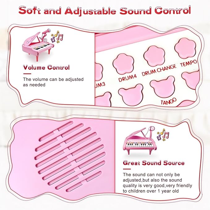 Love&Mini Pink Piano Toys for 1+Years Old Girls First Birthday Gifts Toddler Piano Music Toy Instruments with 24 Keys and Microphone