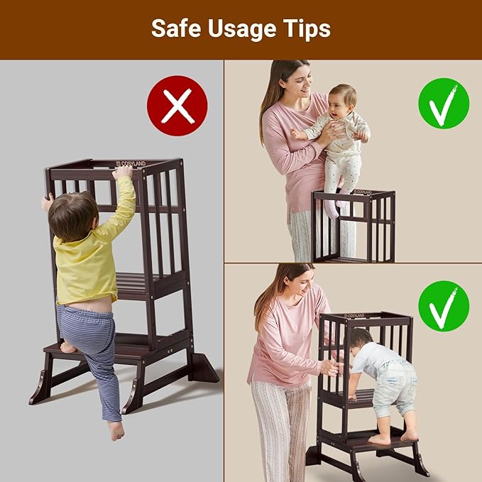 COSYLAND Height Adjustable Kitchen Stool for Toddlers – Portable Toddler Standing Tower for Learning and Cooking – Stable Kids Helper Tower with Stability Block for Kitchen Counter (Walnut)