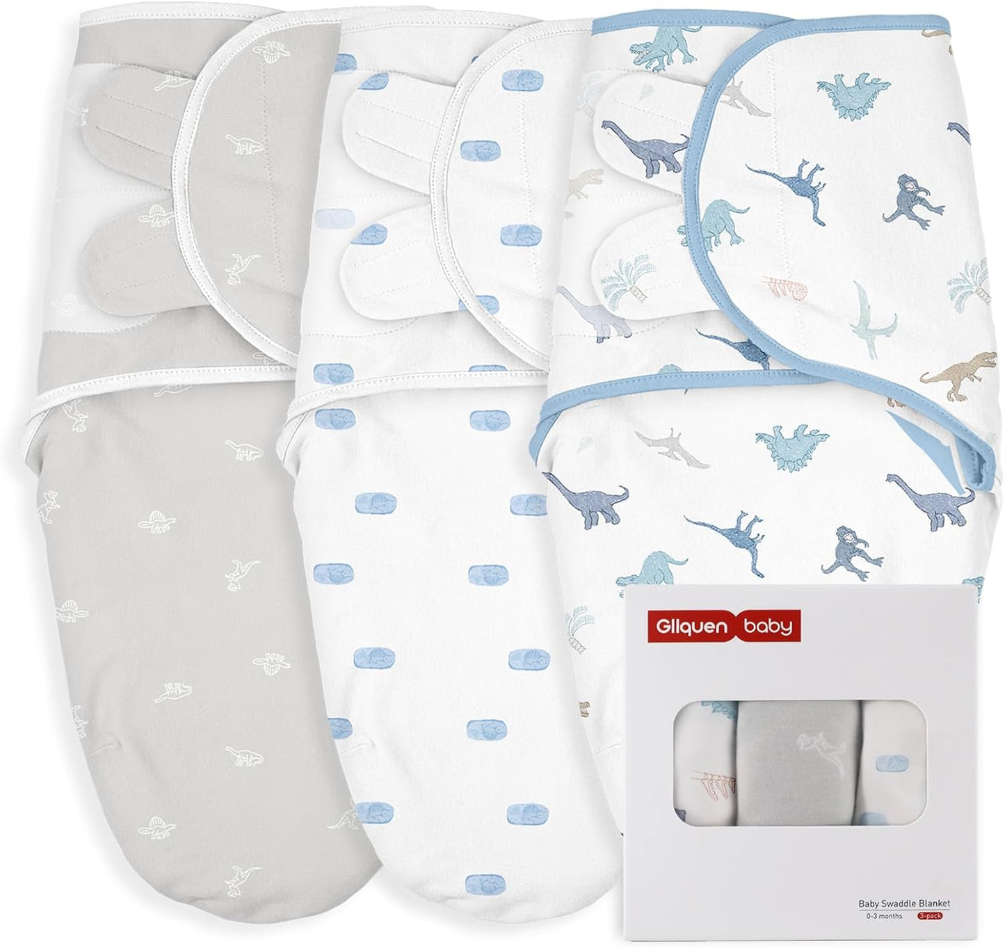 GLLQUEN BABY Swaddle 0-3 Months - 3 Pack Swaddles for Newborn, Adjustable Newborn Swaddling Wrap for Baby Boys and Girls, Swaddle Blanket Sleep Sack, Dinosaur & World, Easy Change