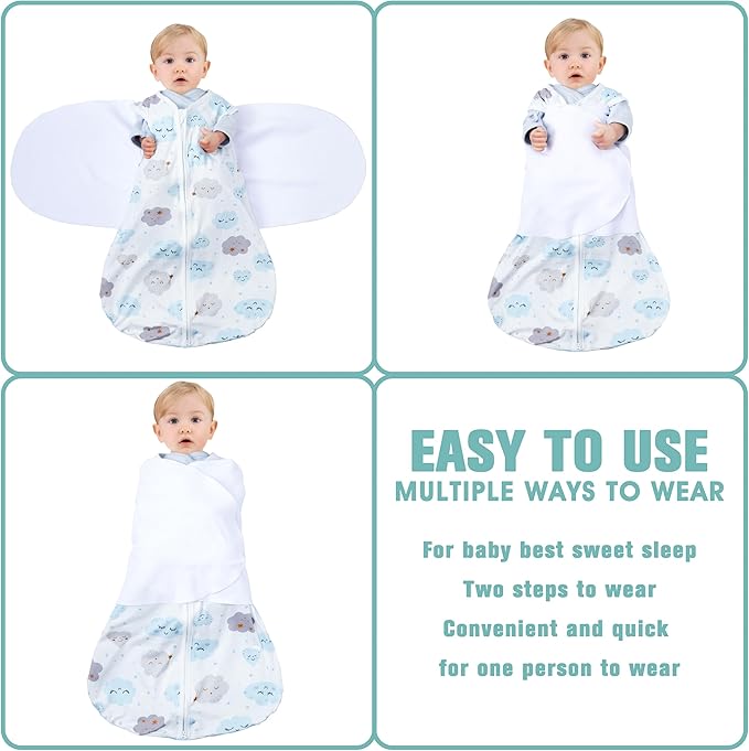 Newborn Sleep Sack Baby Swaddle,6-12 Months,3-Way Adjustable Wearable Blanket,100% Rayon Cotton Swaddling Sleeping Bag，TOG 0.5（Clouds&Starry Sky）