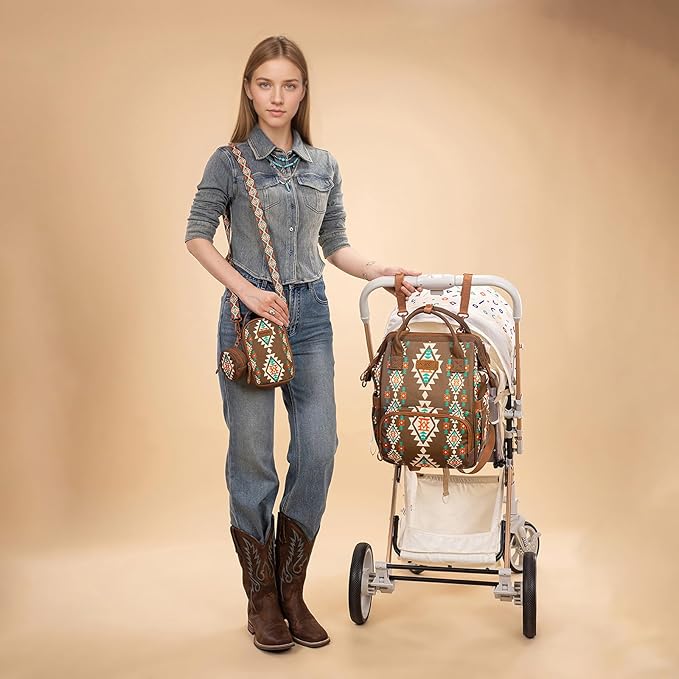 Montana West Wrangler Callie Diaper Bag Backpack with Pacifier Case, Crossbody Bottle Bag and Stroller Straps Western Pattern Multifunction Baby Travel Bag Set WG2215-9110CF