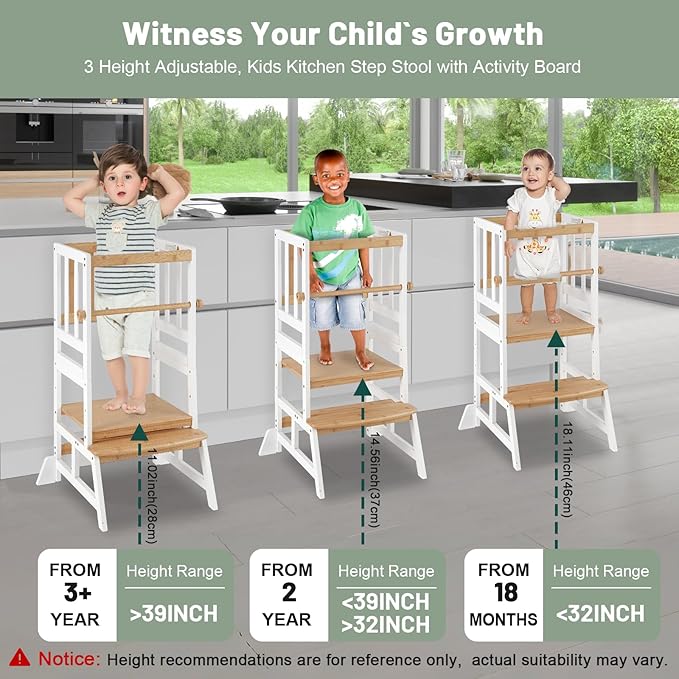 COSYLAND Toddler Standing Tower - Adjustable Height Toddler Kitchen Stool Helper - Kids Kitchen Step Stool for Learning with Removable Safety Railing White & Natural