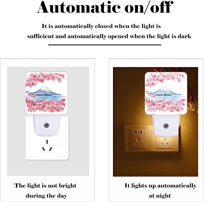 Cherry Blossoms Mount Fuji Night Light,Plug-in Night Lights with Dusk-to-Dawn Sensor for Stairway,Hallway,Bedroom Sleep Friendly Ideal for Women/Girls/Boys Gift,0.5w