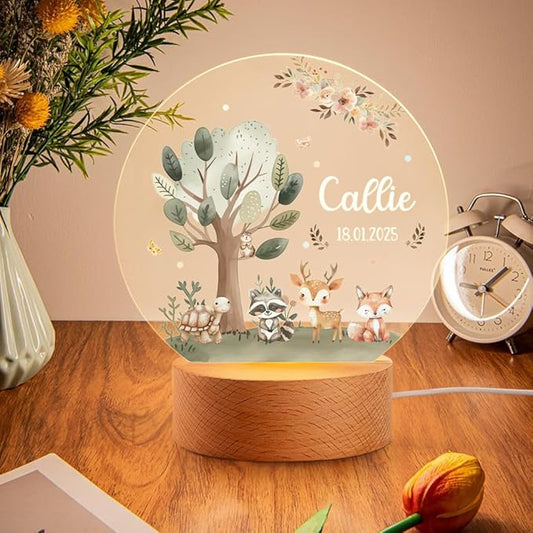 callie Acrylic Night Light Name Plate Personalized, Custom Cute Fox Deer Turtle Forest Animal with Wooden Base Bedroom Decor, Birthday Gifts Kid Gifts for Family (Forest Fauna)