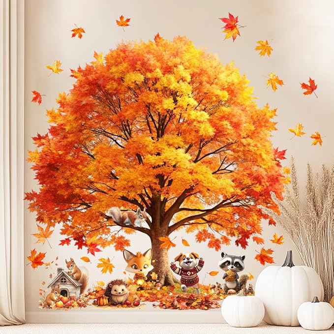 Autumn Window Clings | Fall Tree Pumpkin Fox Squirrel Owl Raccoon | Weather-Resistant Static Cling for Outdoor/Indoor Glass, Perfect for Porch & Window Décor Bundle Style-3