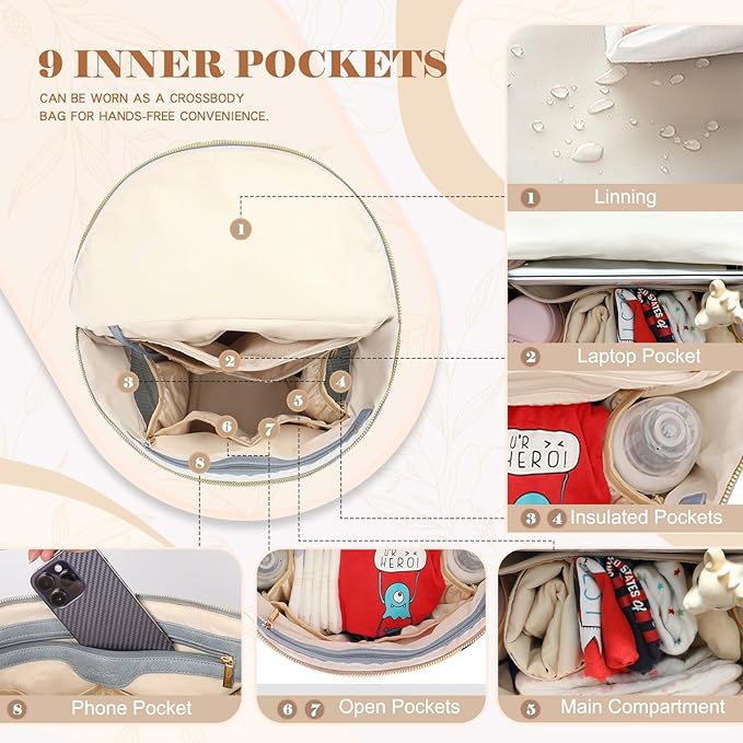 miss fong Diaper Bag Backpack Baby Diaper Bag, Large Leather Diaper Backpack with 16 Pockets Travel Diaper Bag with Diaper Changing Pad, Stroller Straps & 2 Insulated Pockets