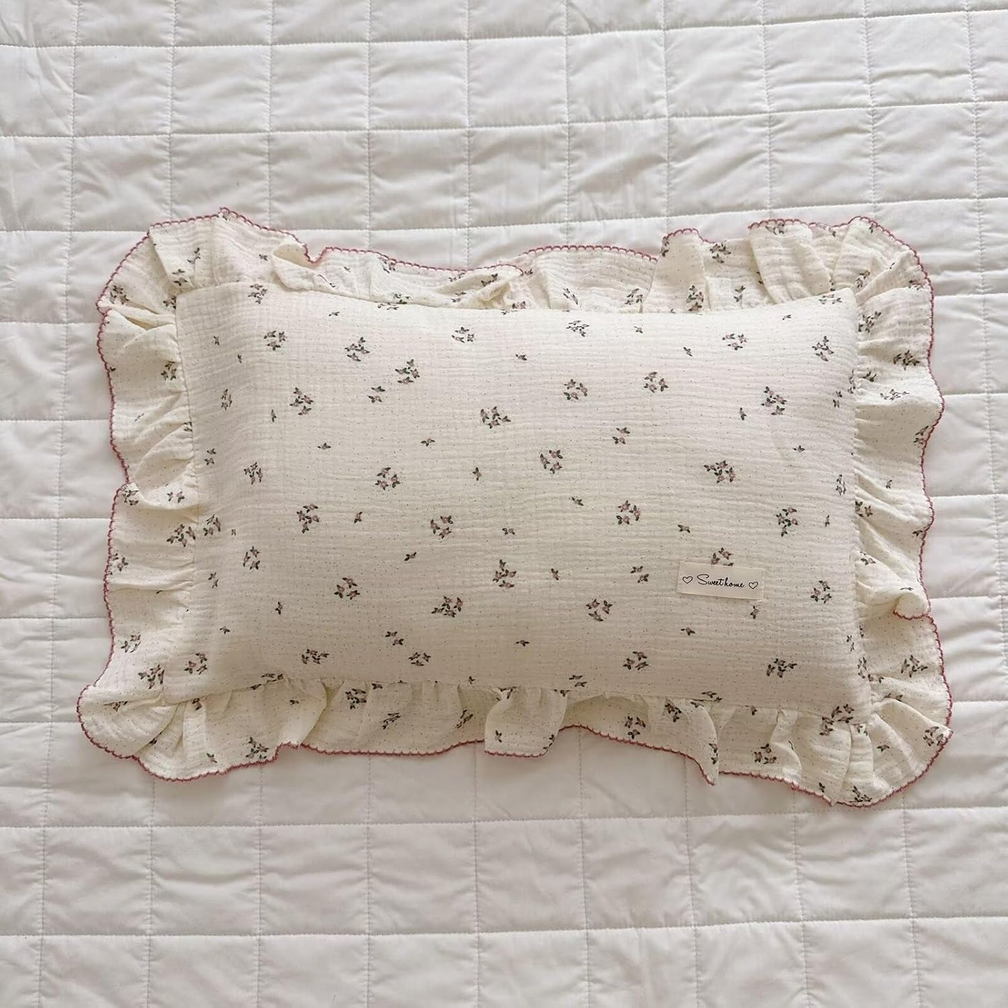BuLuTu Beige Floral Toddler Pillowcase Muslin with Ruffles,Kids Girls Standard Pillow Cases Fit for Children Pillow Sized 16"x 22"/20"x 26", Envelope Closure, Primrose Pattern,1 Pack