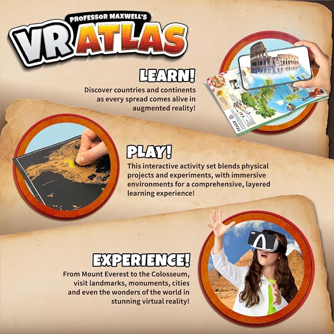 Professor Maxwell's VR Atlas - Virtual Reality Kids Science Kit, Book and Interactive Geography STEM Learning World Travel Activity Set (New Edition)