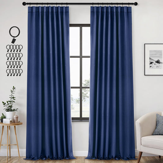 ANRODUO Back Tab Blackout Curtains for Bedroom Living Room, Rod Pocket Pinch Pleated Thermal Insulated Room Darkening Curtains 96 Inches Long 2 Panels, Navy Blue, 42 x 96 Inch