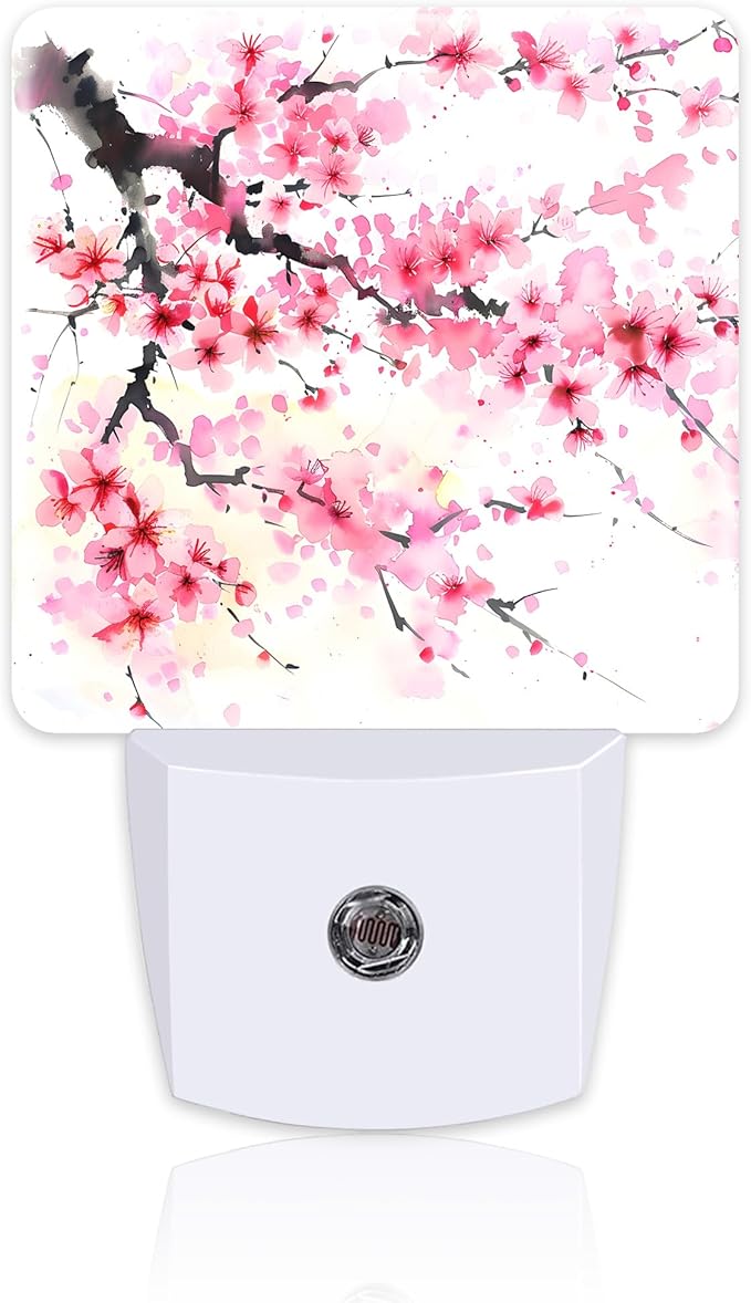 Watercolor Cherry Blossoms Tree Night Light for Kids,Abstract Pink Floral Night Light Plug in with Dusk to Dawn Sensor,0.5w Energy Saving Nightlight for Hallway Stairway Kitchen Bedroom