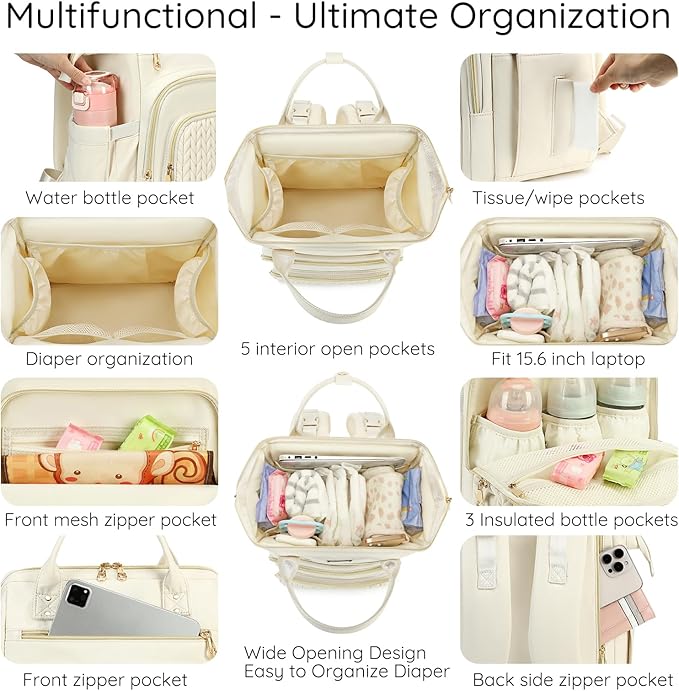AIJIEKE Diaper Bag, Large Wide-Open Baby Diaper Backpack, Multi-functional Baby Travel Tote Bag, Diaper Bag with Changing Pad, Diaper Bags for Mom & Maternity (Beige)