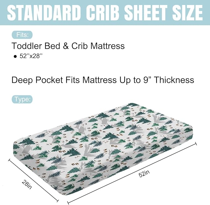 Green Pine Trees Animals Tracks Baby Crib Sheet 52''x28'' Pine Trees Paws Mountain Snug Fitted Crib Mattress Cover for Boy Girl Wildlife Soft Baby Bed Sheets for Standard Crib & Toddler Mattress