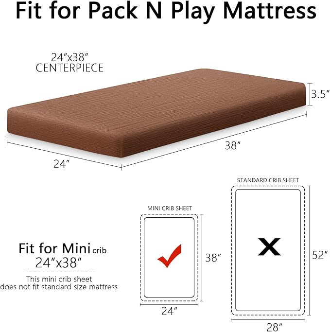 2 Pack Soft Muslin Baby Mini Crib Sheets, 100% Cotton Breathable Double Layer Fitted Sheets for Mini Crib and Pack N Play Mattresses 24x38 Inches, for Baby Girls and Boys (Brown & Rainbow