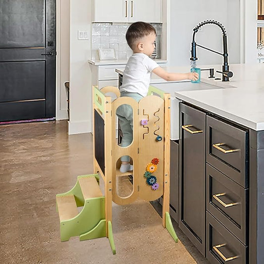 Foldable Toddler Tower with 3 Adjustable Height Step Stool, Easy Clean Toddler Kitchen Stool Helper, Montessori Learning Tower Stool for Toddlers with Chalkboard & Counting Beads