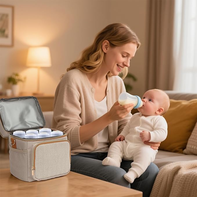 Double Layer Breastmilk Cooler Bag with Ice Pack Insulated Travel Bag for Baby Bottle Breast Milk Storage & Feeding Fits 6 Bottles Up to 9 Ounces Portable Leakproof Bottle Bag for Travel Daycare