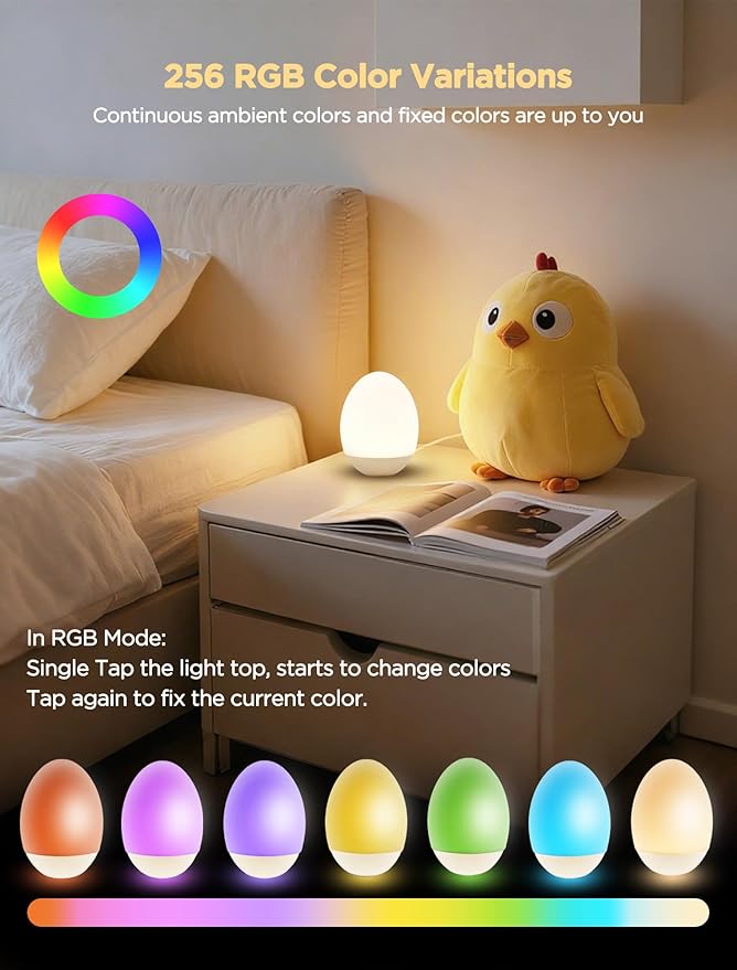 Egg Light for Nursery, 256 RGB Baby Night Light, Rechargeable Night Light for Kids, Portable Small Cordless Bedside Lamp for Girl/Boy/Toddler/Bedroom