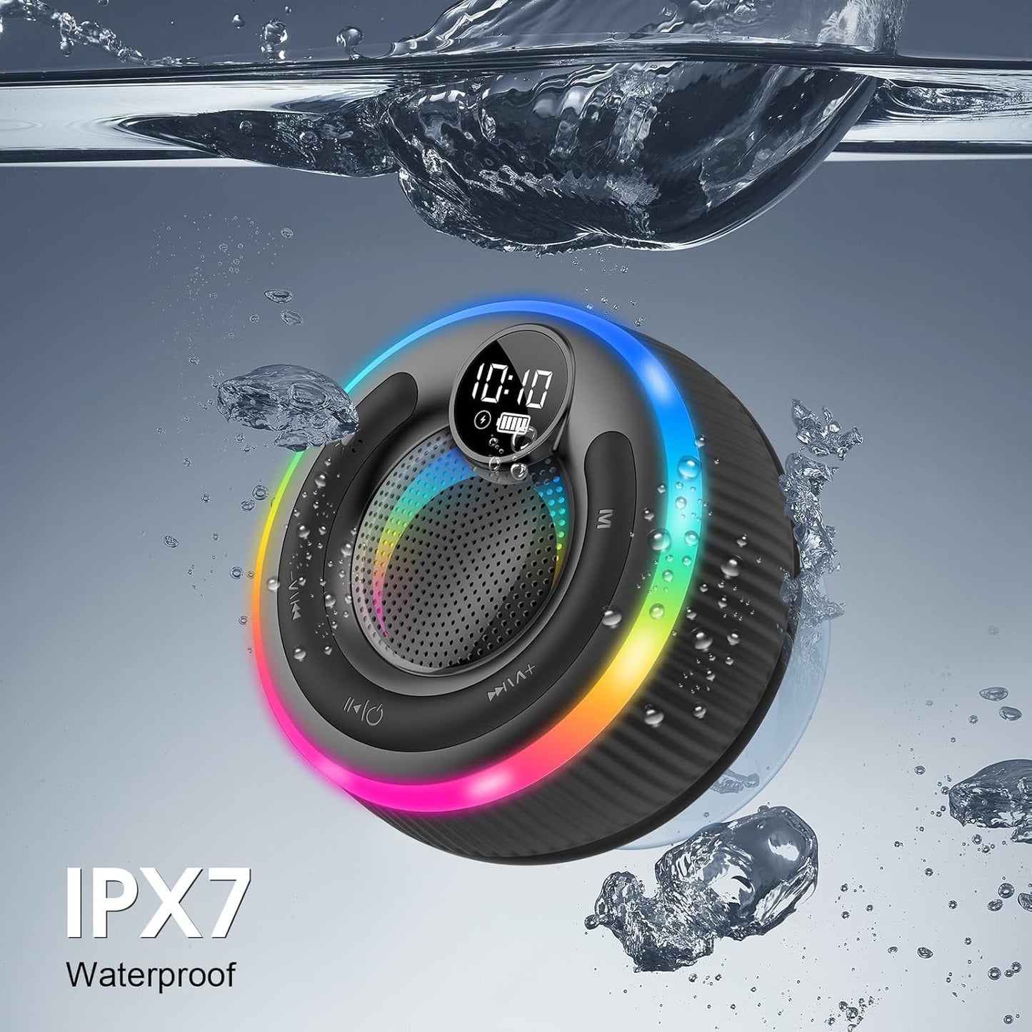 Bluetooth Speaker, HD Stereo Sound Shower Speaker, IPX7 Waterproof, Digital Display Portable with Suction Cup, LED Light, Small Wireless for Outdoor Party Beach Bathroom, Black