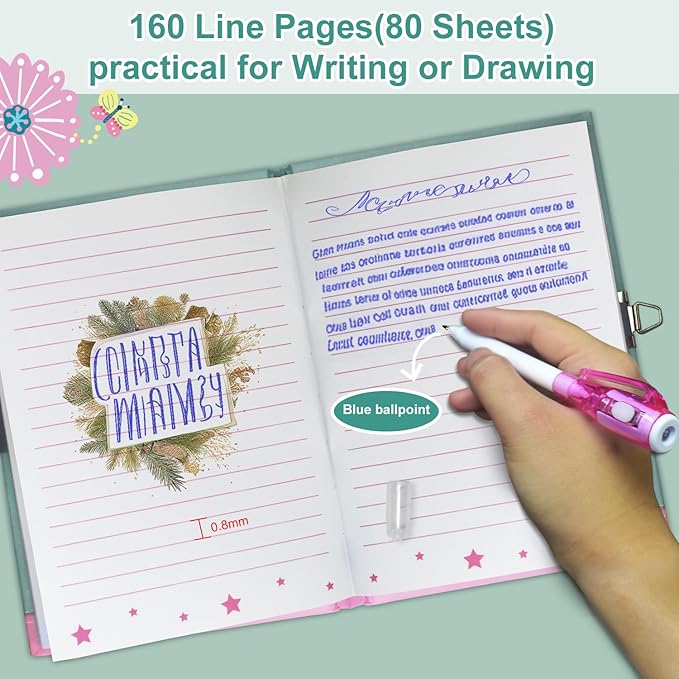 Pop Girls Diary with Lock and Invisible Ink Double-end Pen, 7.5x5.4 Inch 160 Lined Page Fidget Butterfly Girl Journal for Kids Secret Notebook Pen Set Birthday Gifts for Girls 5 6 7 8 9 10 Years Old