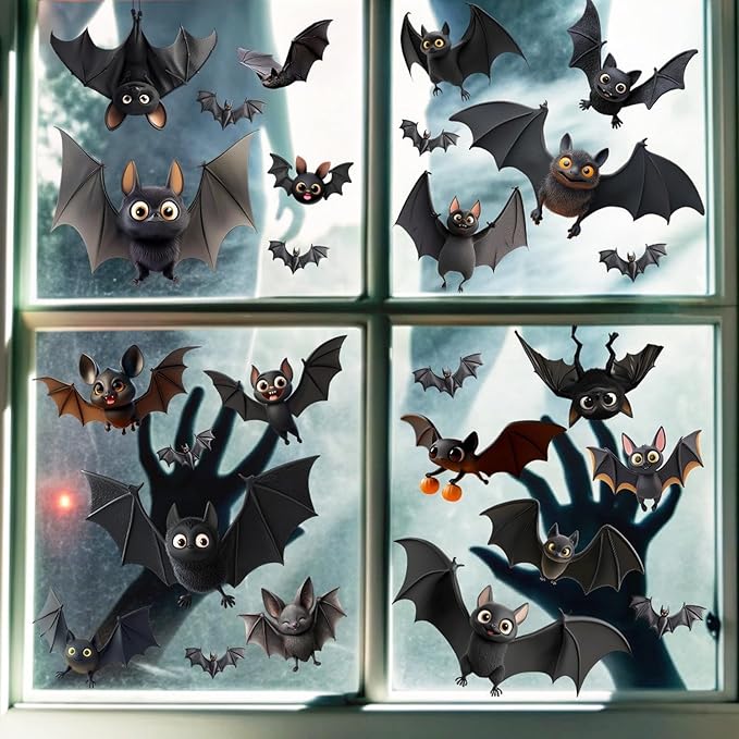 4 Sheets Halloween Decorations Window Clings Decals Cartoon Cute Bats Window Stickers for Glass Double Sided Printed Bat Windows Decal Decor for Home School Office Party Supplies