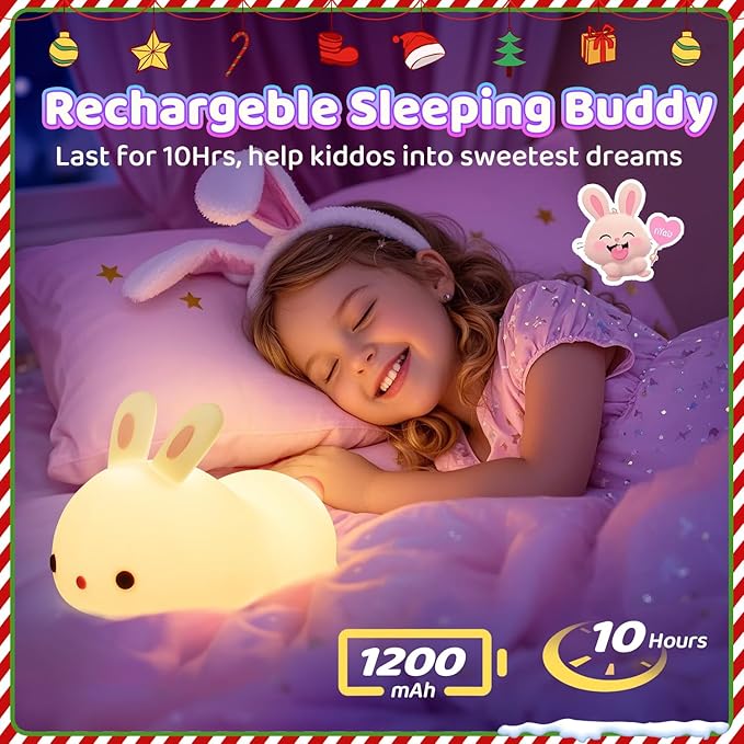 One Fire Bunny Night Light for Kids,16 Colors+ Silicone Soft Toddler Night Light, Dimmable+Rechargeable Nightlight for Kids Room, Easy Tap Control Bunny Lamp, Rabbit Lamp, Cute Stuff, Gifts for Girls