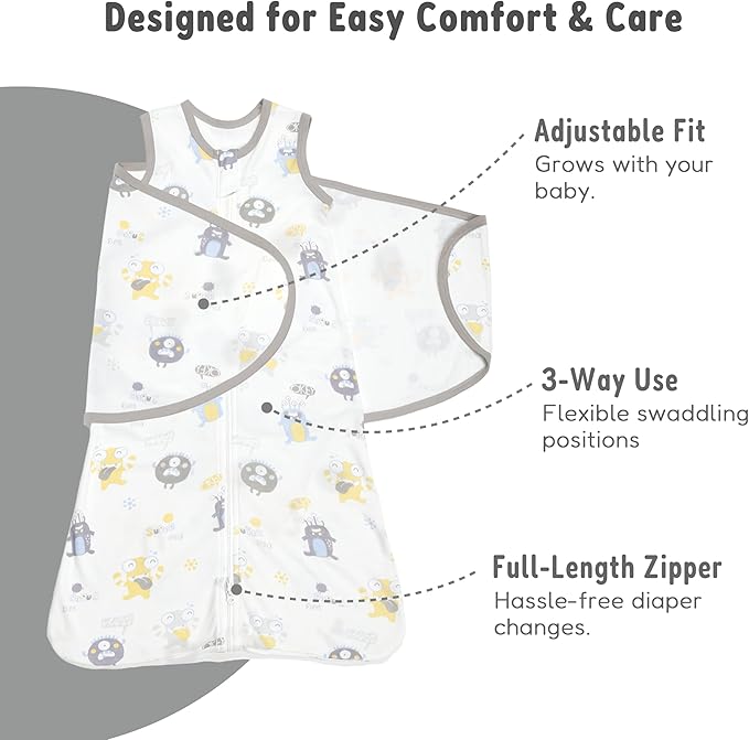 Baby Swaddle Sleep Sack, nursery essentials, easy night time diaper change 100% Cotton, (Medium, Baby Monster)