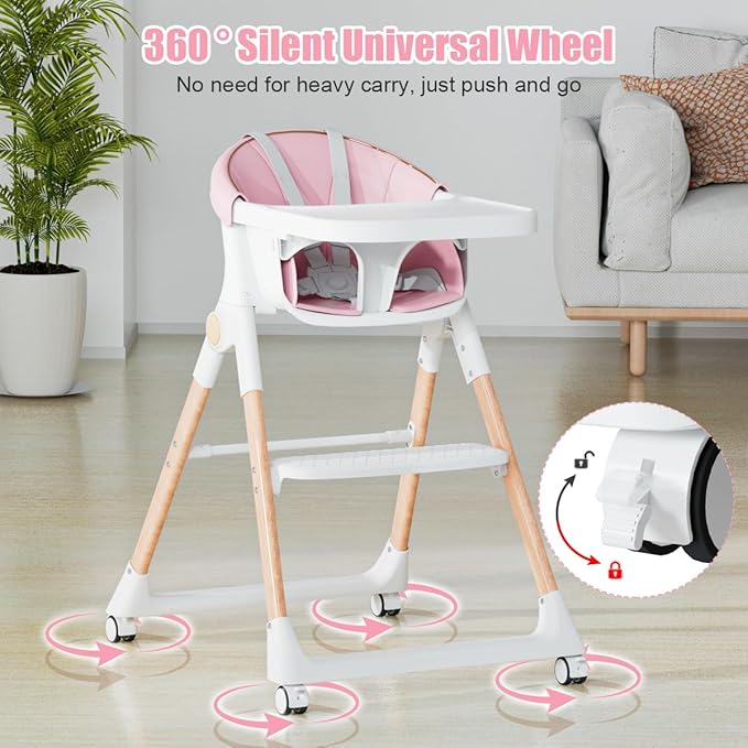 Baby High Chair, High Chairs for Babies and Toddlers, Convertible Folding High Chair with Removable Tray 5 Point Harness Footrest Detachable PU Cushion, Portable Highchair for Baby Toddlers