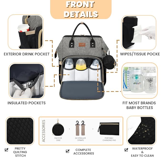 Diaper Bag Backpack with Changing Pad, Pacifier Case, Baby Bag for Boy Girl Toddler - Large, Stylish, Waterproof Travel Quilted Diaper Bag for Mom - Baby Shower - Black Grey