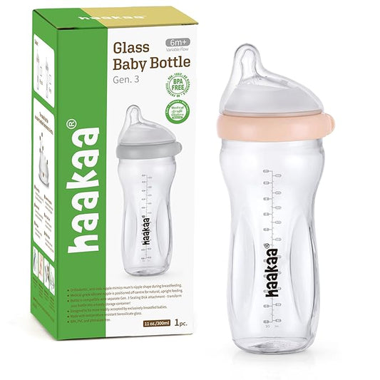 haakaa Gen.3 Natural Glass Baby Bottle 11oz/1PK - Wide Neck Anti-Colic Variable Flow Nipple,Easy to Clean & Latch for 6m+ Breastfeeding Baby Toddler,BPA-Free - Peach